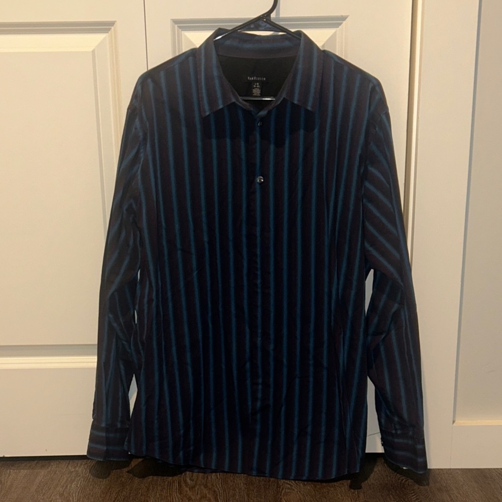 Van Heusen Men's Blue, Purple, and Black Striped Shirt